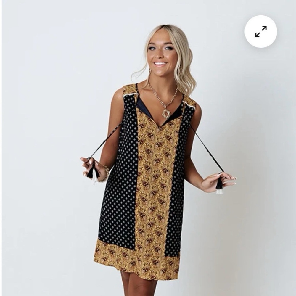 Anthropologie THML Navy Brown Paisley A-Line Midi Dress Sz M Tassel Tie Boho